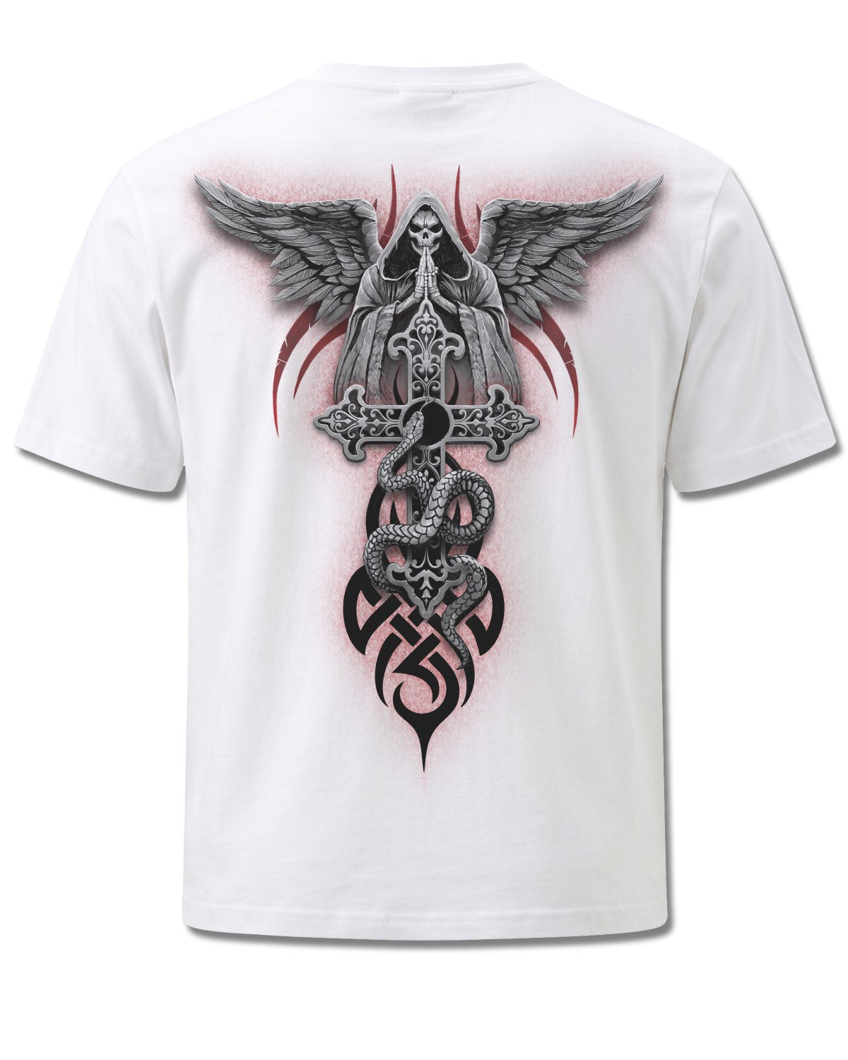 Spiral The Dead design, back view on White M113, Rock Off Retail official merch