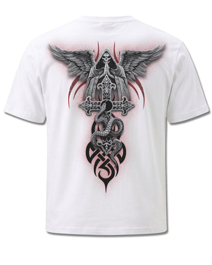 Spiral The Dead design, back view on White M113, Rock Off Retail official merch