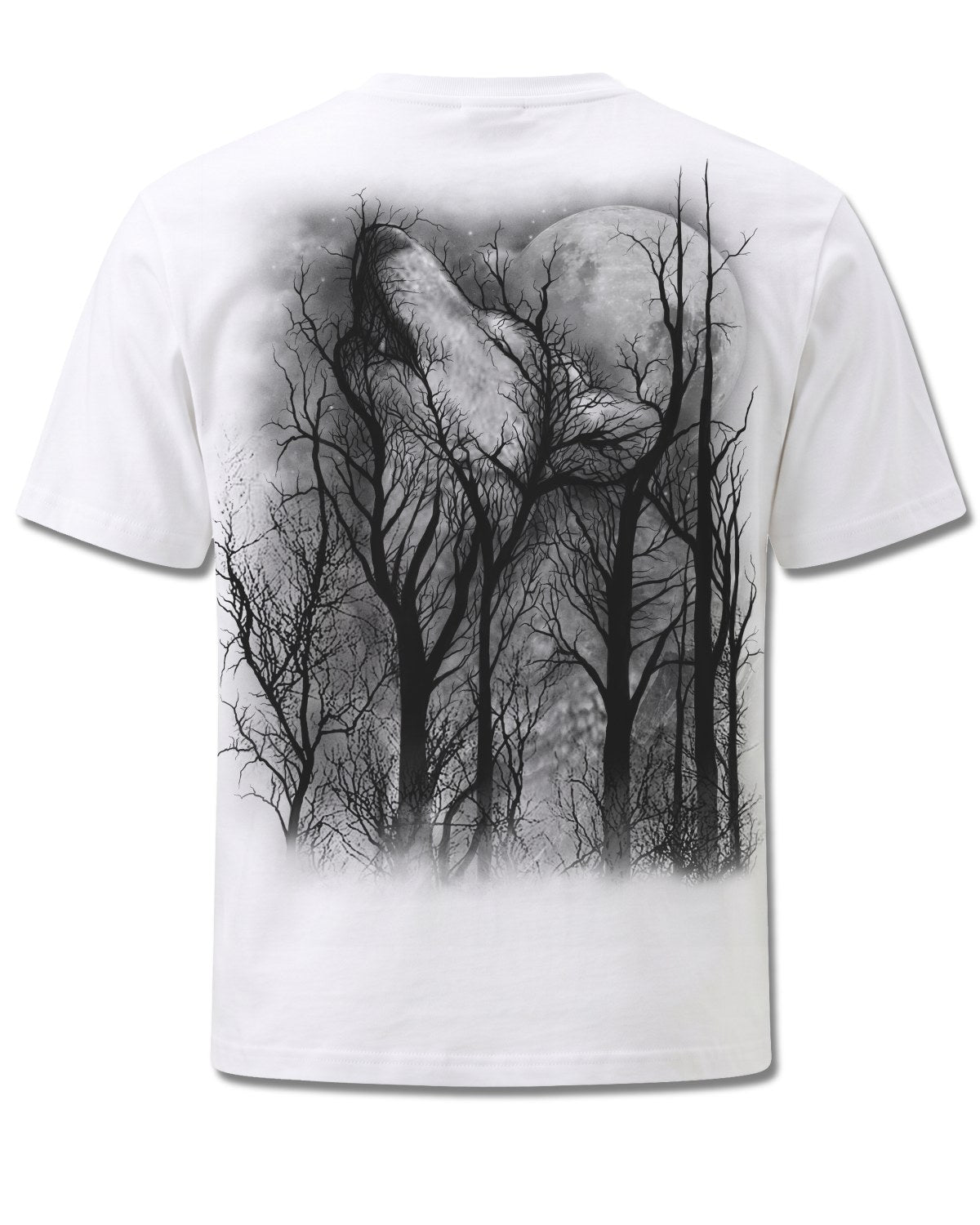 Spiral Forest Wolf design, back view on White M113, Rock Off Retail official merch