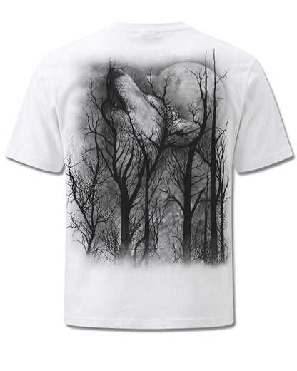 Spiral Forest Wolf design, back view on White M113, Rock Off Retail official merch