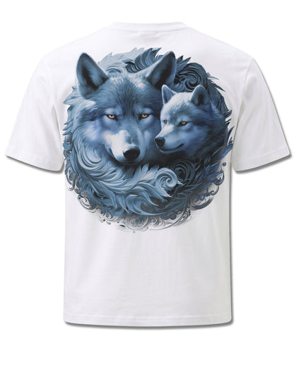 Spiral Wolf Guardian design, back view on White M113, Rock Off Retail official merch
