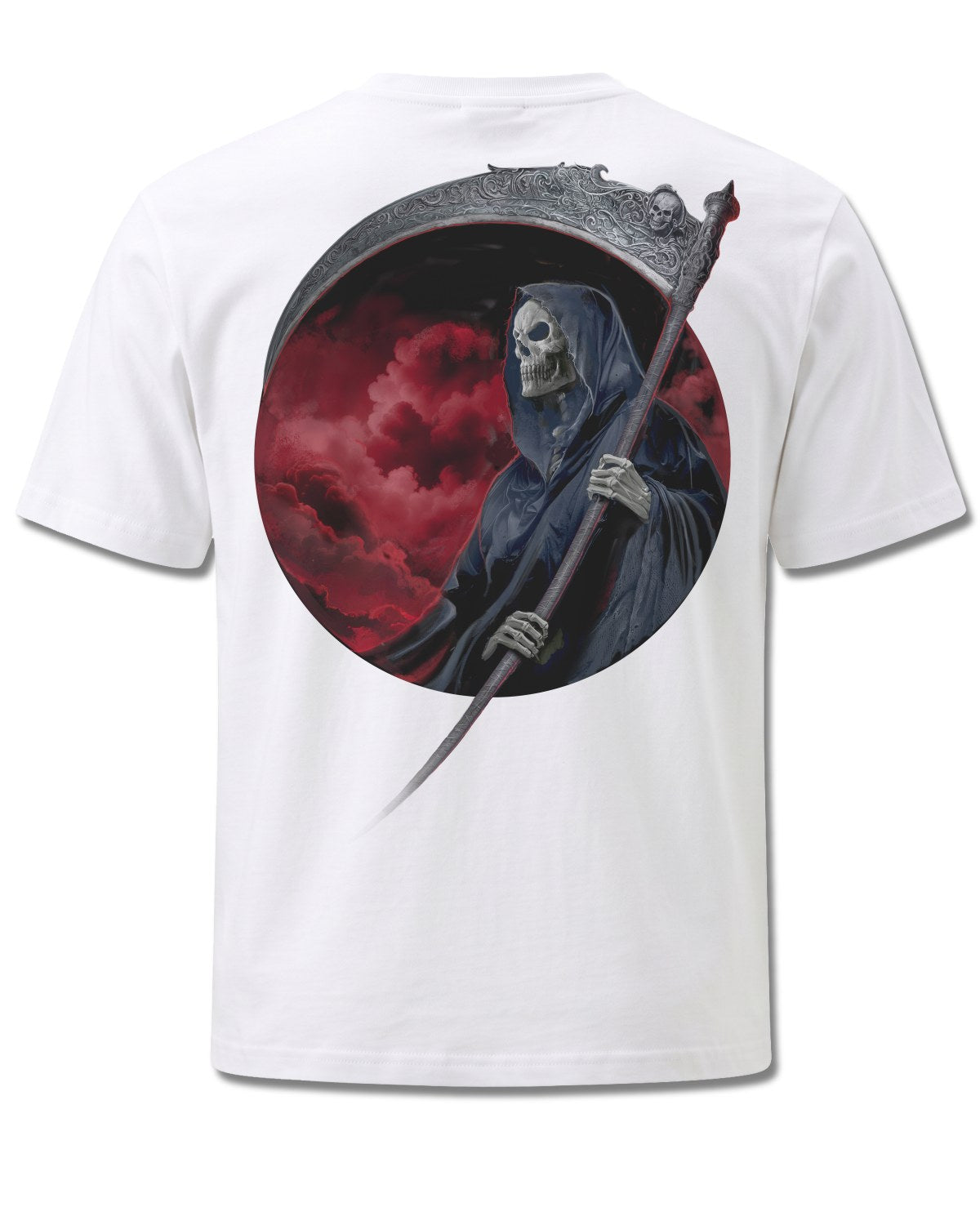 Spiral Reaper Revenge design, back view on White M113, Rock Off Retail official merch