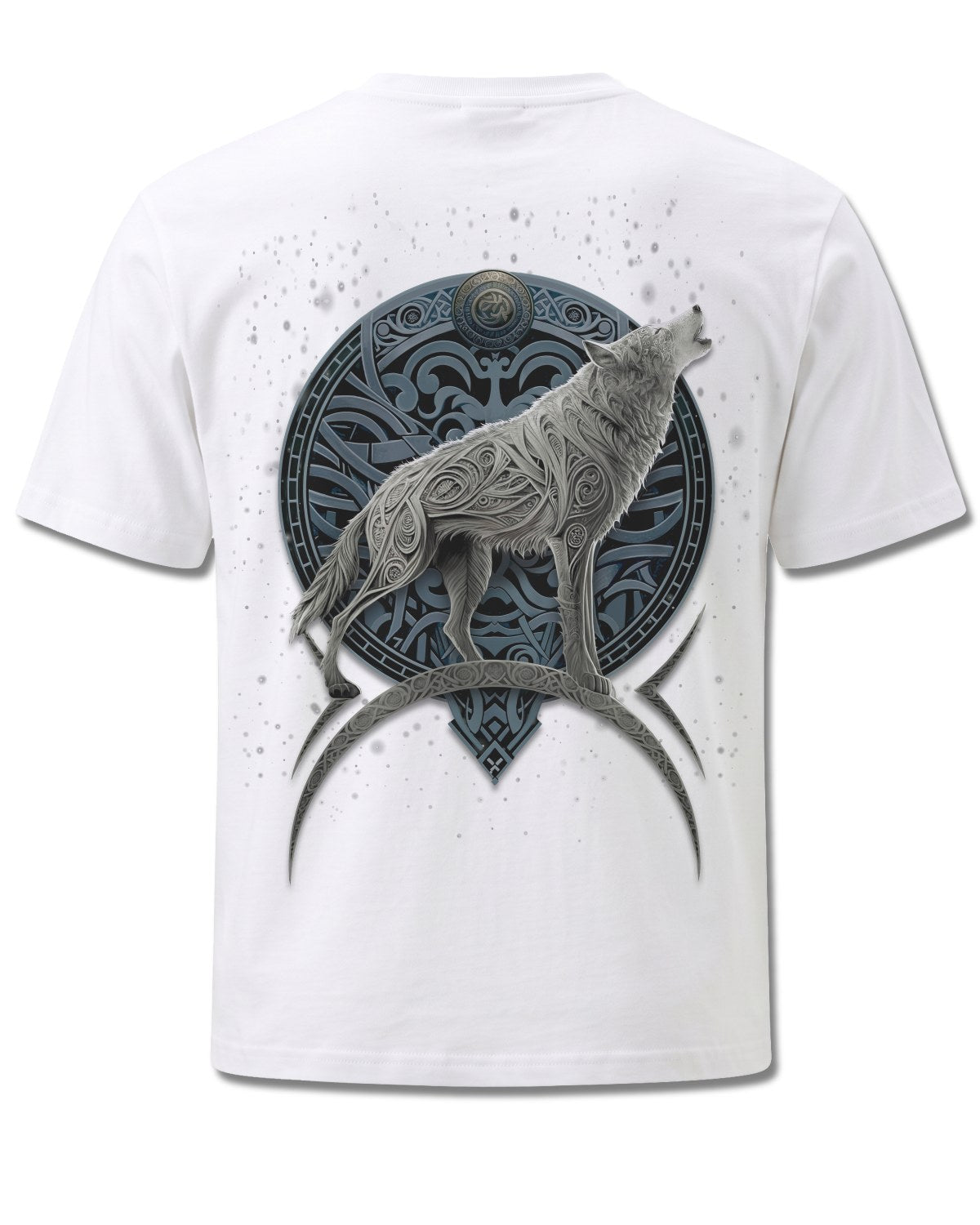 Spiral Celtic Wolf design, back view on White M113, Rock Off Retail official merch