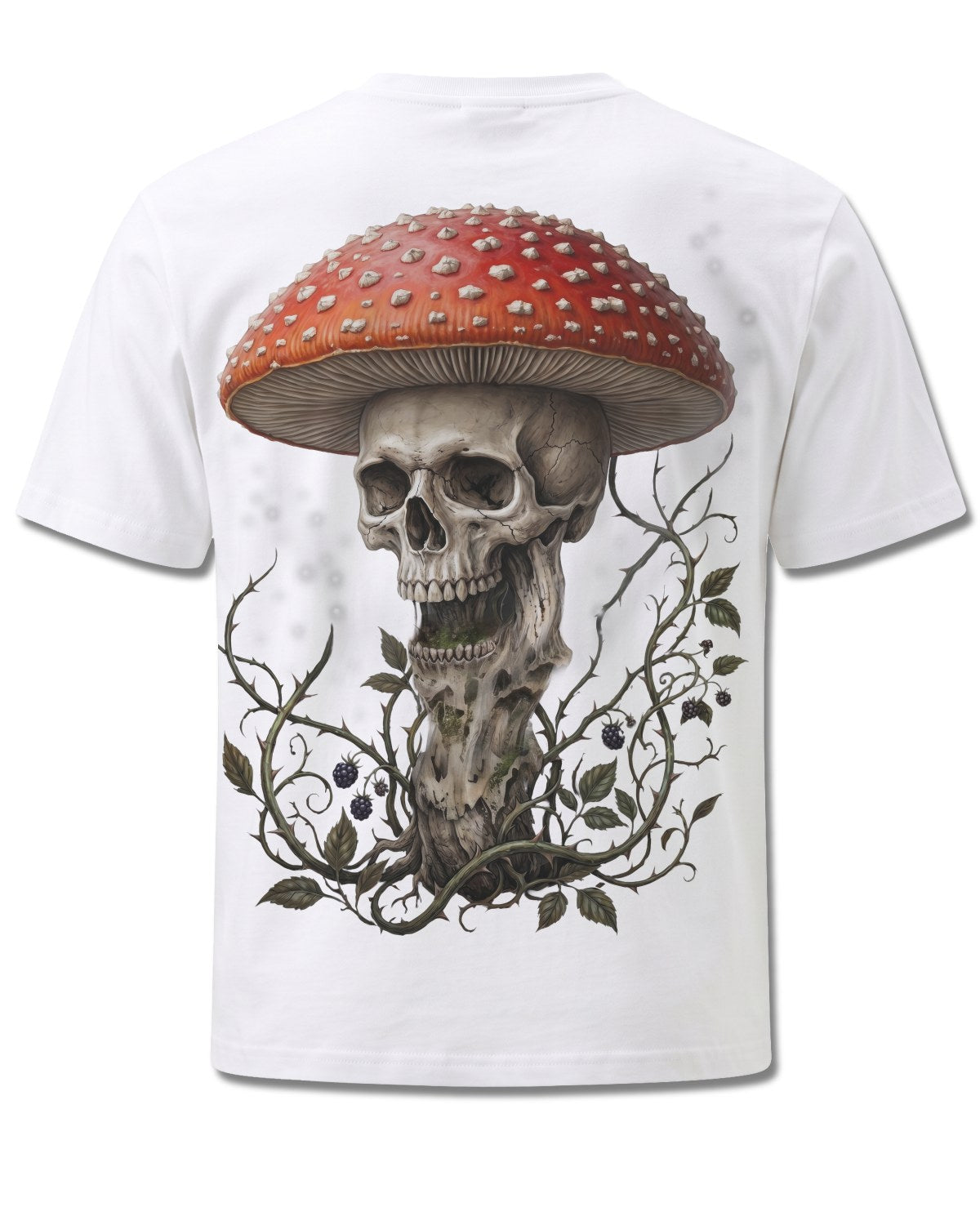 Spiral Shrooms design, back view on White M113, Rock Off Retail official merch
