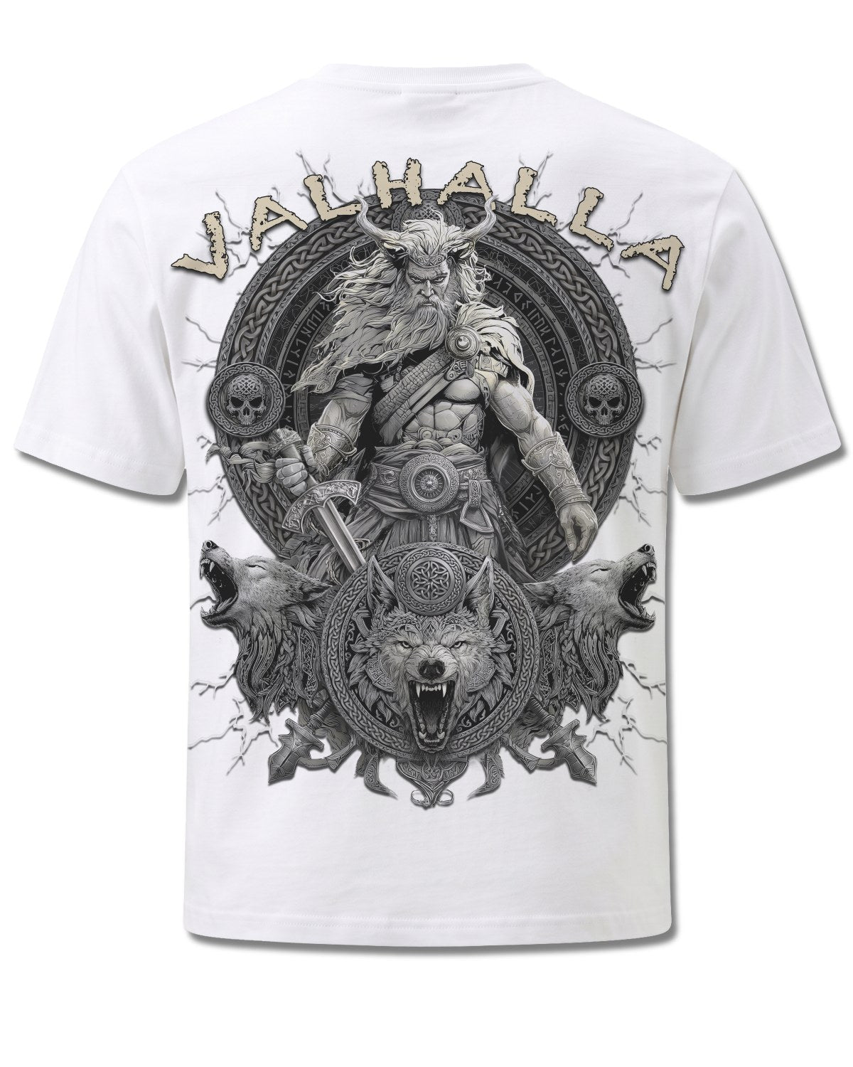 Spiral Valhalla design, back view on White M113, Rock Off Retail official merch