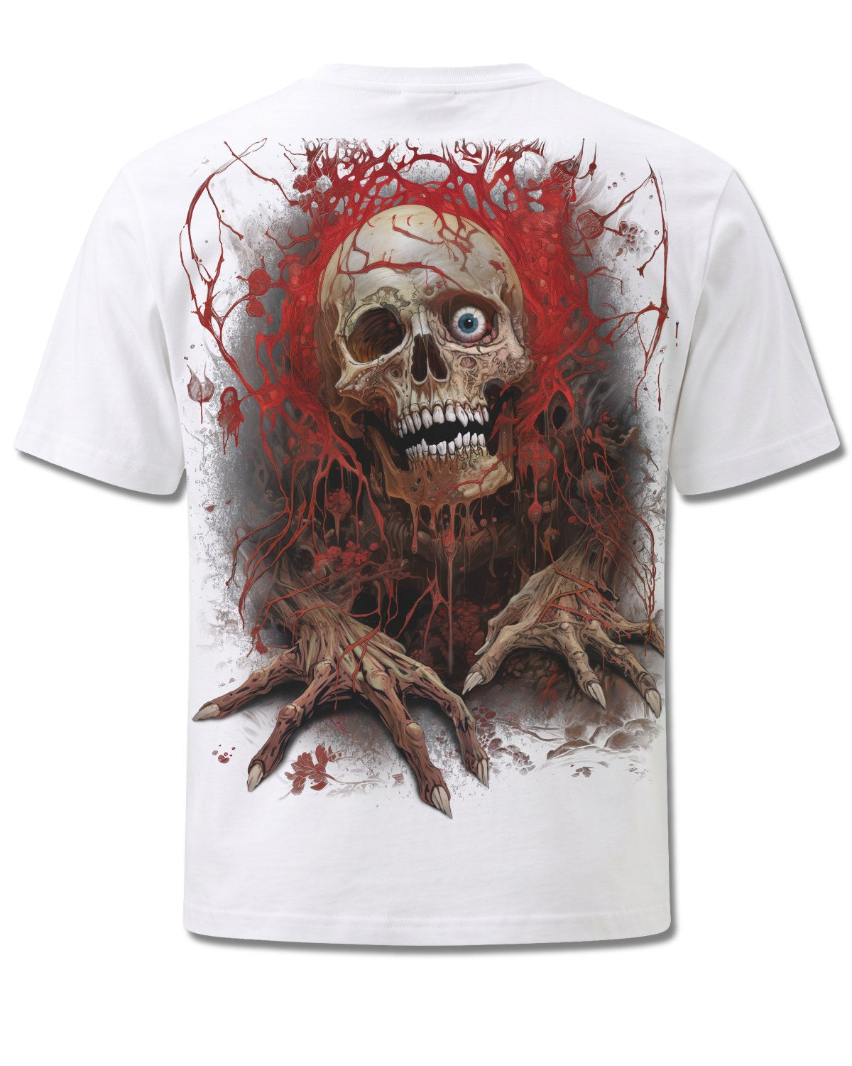 Spiral Creeping Curse design, back view on White M113, Rock Off Retail official merch