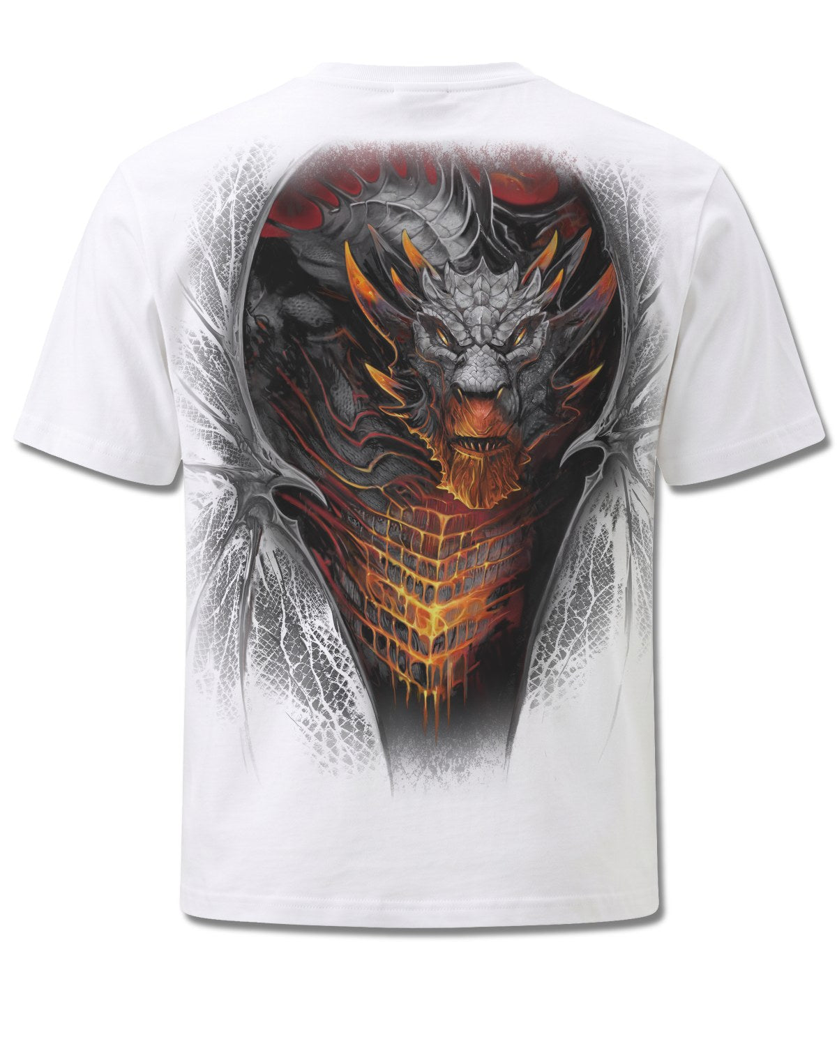 Spiral Draconis design, back view on White M113, Rock Off Retail official merch