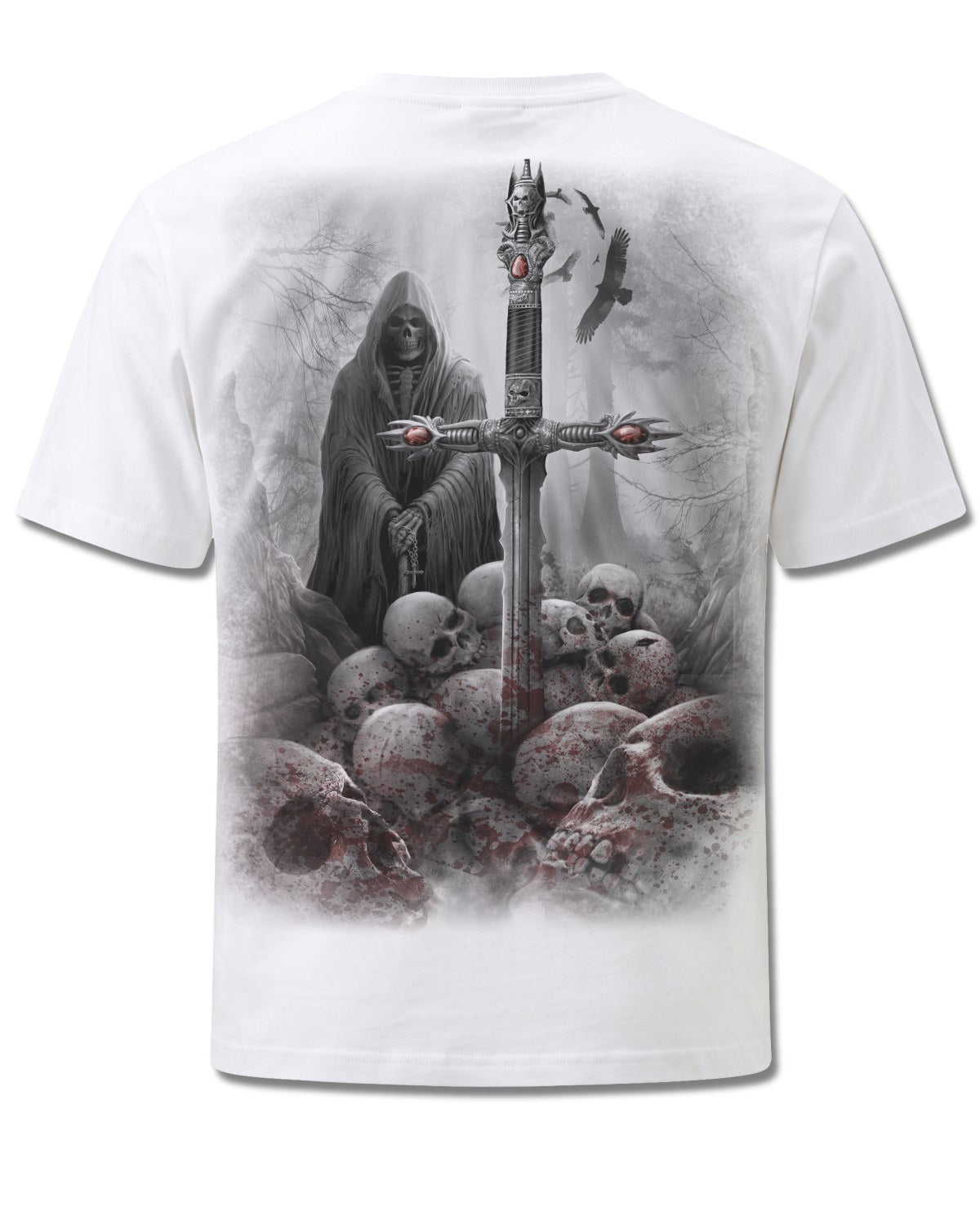 Spiral Soul Searcher design, back view on White M113, Rock Off Retail official merch