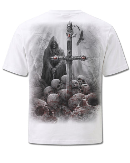 Spiral Soul Searcher design, back view on White M113, Rock Off Retail official merch