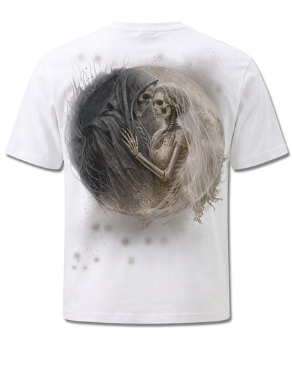 Spiral Last Dance design, back view on White M113, Rock Off Retail official merch