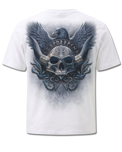 Spiral Odin's Warrior design, back view on White M113, Rock Off Retail official merch