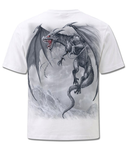 Spiral Dragon's Cry design, back view on White M113, Rock Off Retail official merch