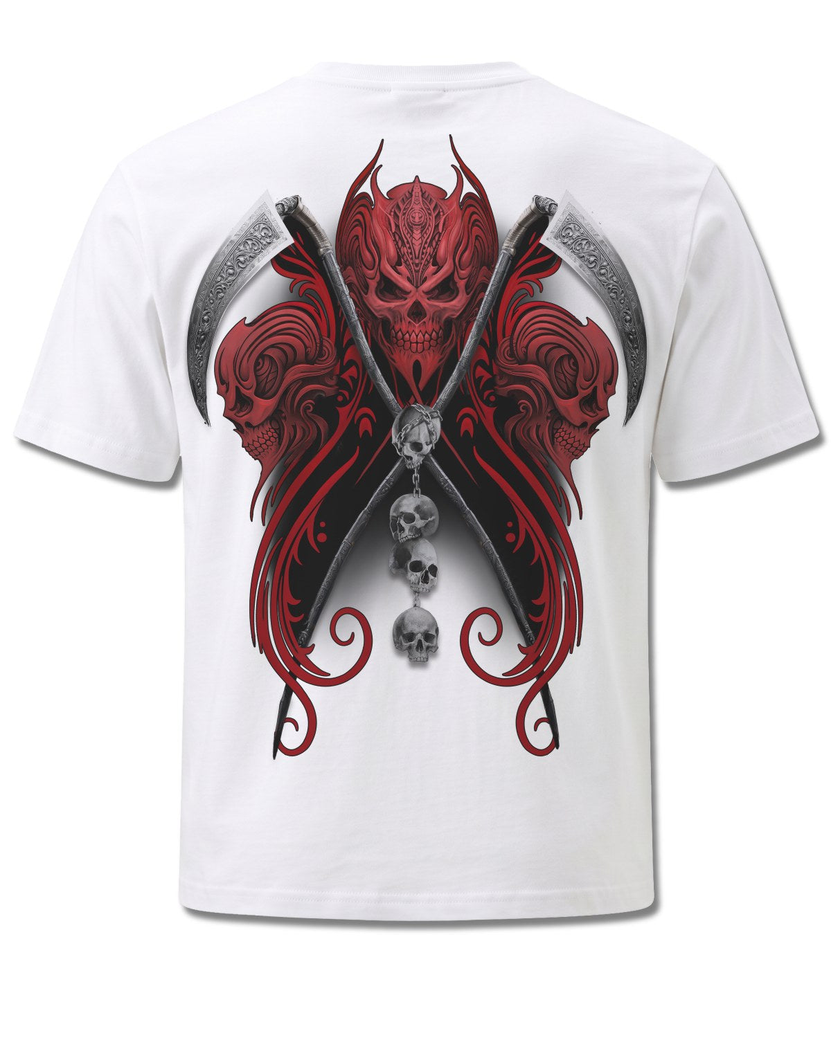 Spiral Reaperess design, back view on White M113, Rock Off Retail official merch