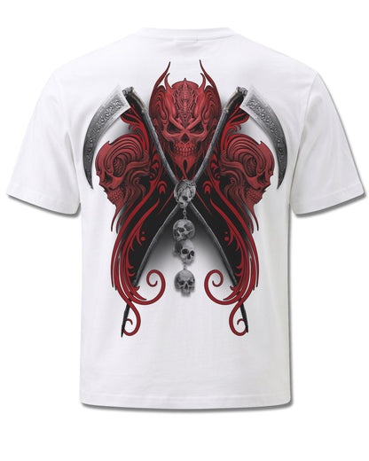 Spiral Reaperess design, back view on White M113, Rock Off Retail official merch