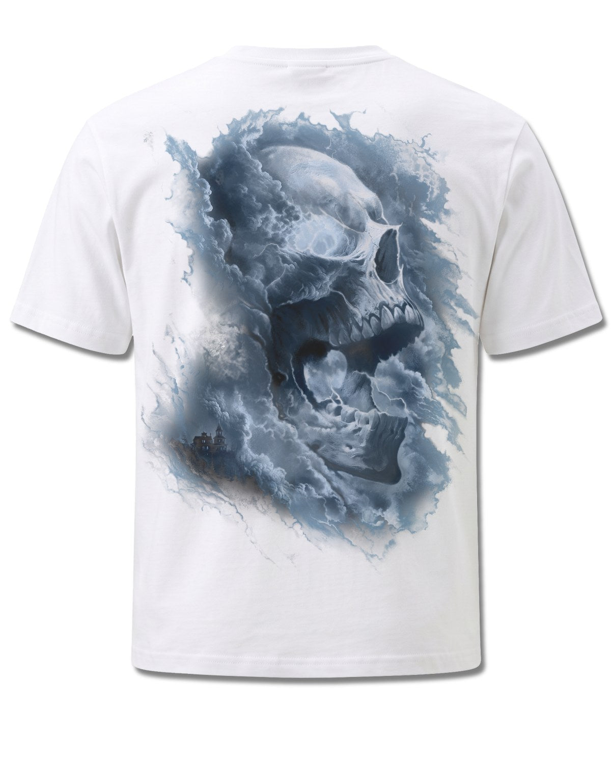 Spiral Grave Skies design, back view on White M113, Rock Off Retail official merch