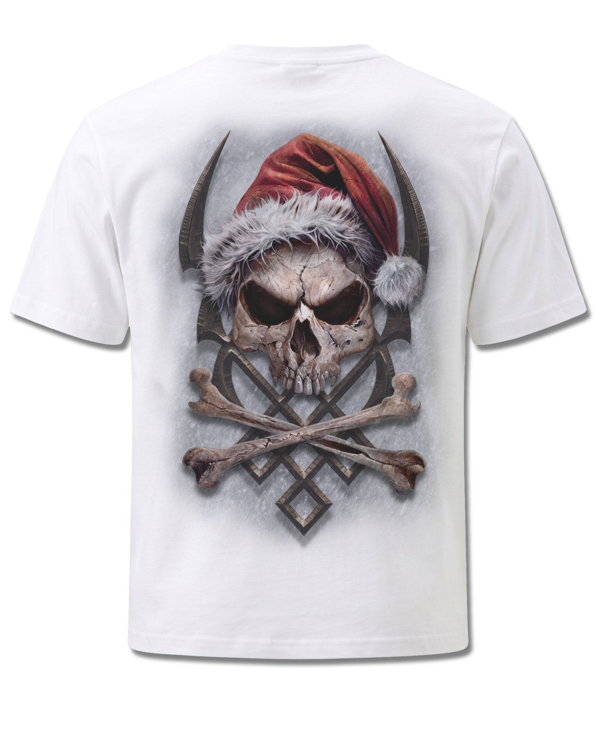 Spiral Rock Santa design, back view on White M113, Rock Off Retail official merch