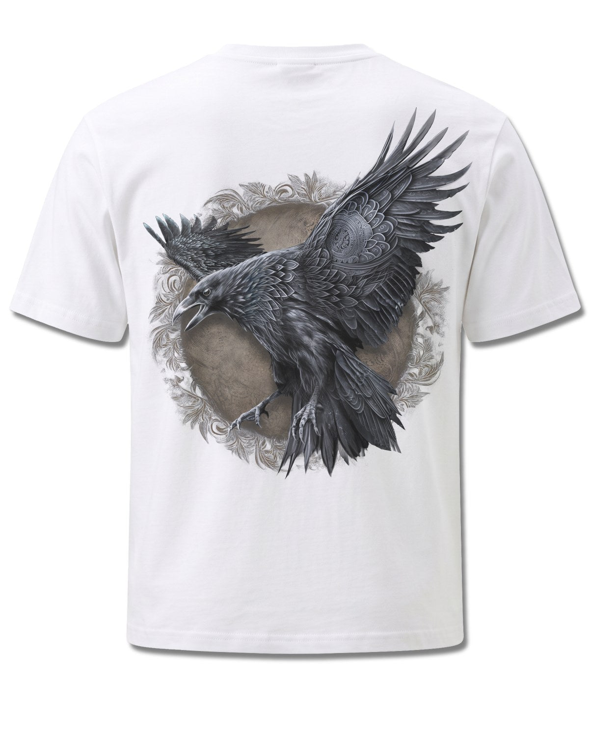 Spiral Raven Wise design, back view on White M113, Rock Off Retail official merch