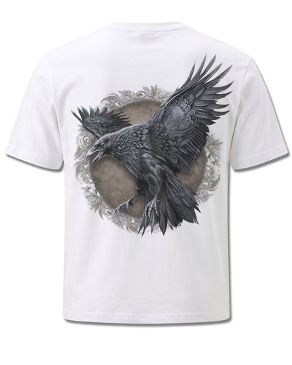 Spiral Raven Wise design, back view on White M113, Rock Off Retail official merch