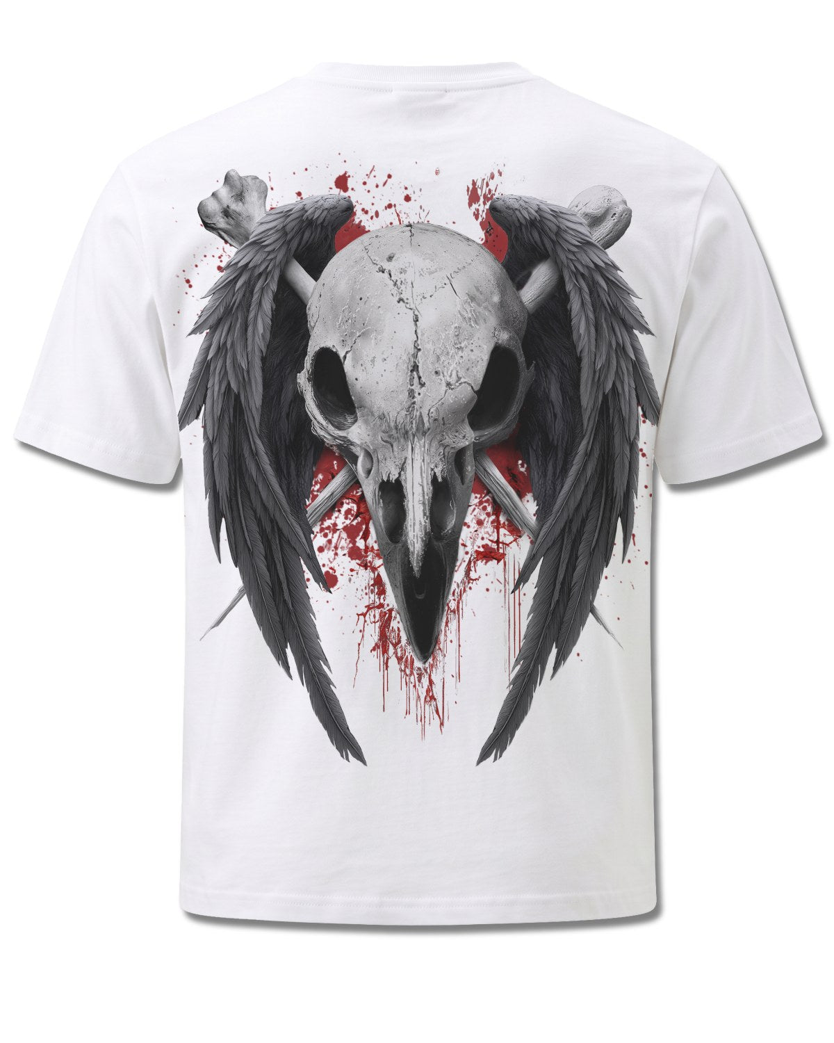 Spiral Death Raven design, back view on White M113, Rock Off Retail official merch