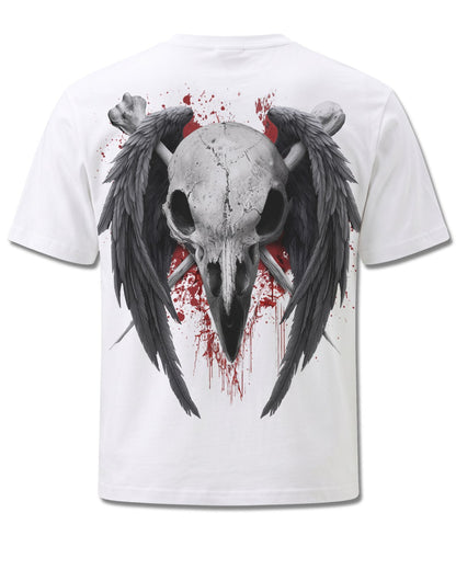 Spiral Death Raven design, back view on White M113, Rock Off Retail official merch