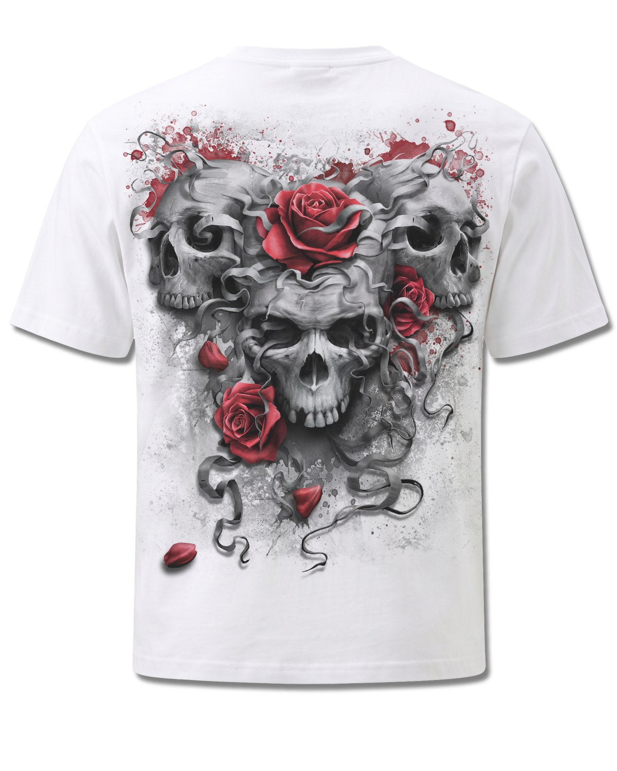 Spiral Skulls N' Roses design, back view on White M113, Rock Off Retail official merch