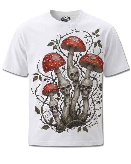 Spiral Shrooms design, front view on White M113, Rock Off Retail official merch