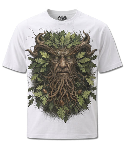 Spiral Woodland King design, front view on White M113, Rock Off Retail official merch