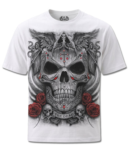 Spiral The Dead design, front view on White M113, Rock Off Retail official merch