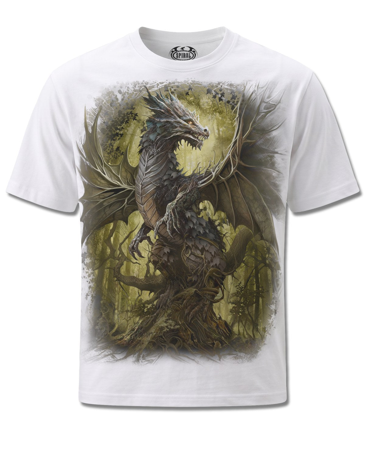 Spiral Oak Dragon design, front view on White M113, Rock Off Retail official merch