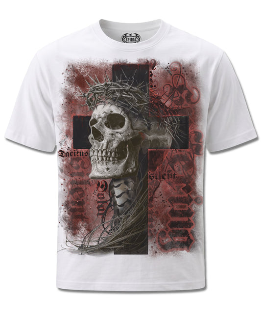 Spiral Silent Suffering design, front view on White M113, Rock Off Retail official merch