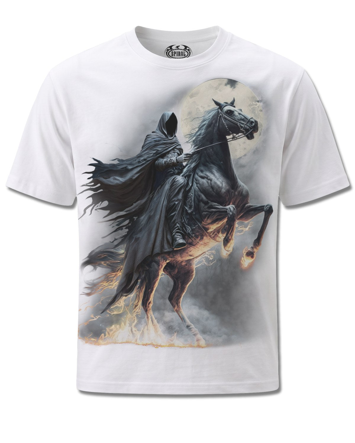 Spiral Shadow Rider design, front view on White M113, Rock Off Retail official merch