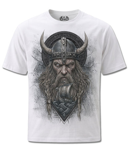 Spiral Viking Norseman design, front view on White M113, Rock Off Retail official merch