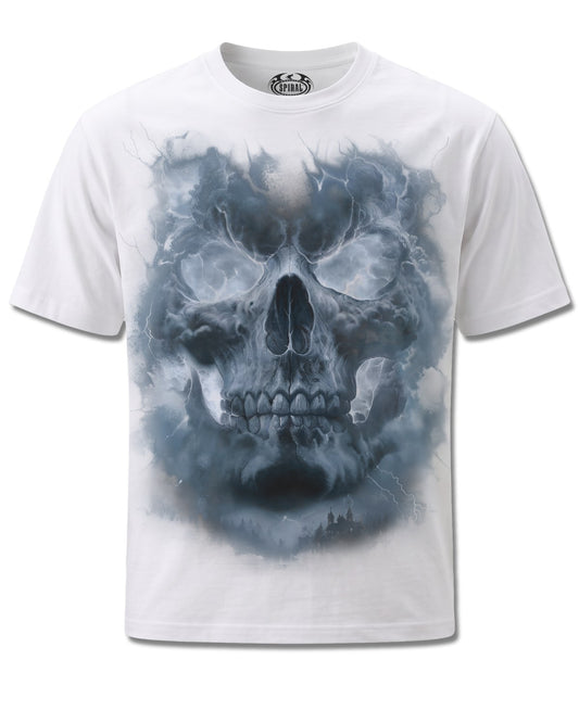 Spiral Grave Skies design, front view on White M113, Rock Off Retail official merch
