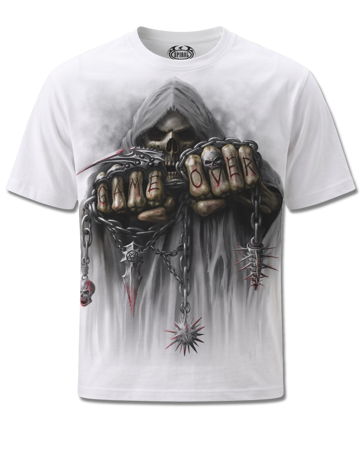 Spiral Game Over design, front view on White M113, Rock Off Retail official merch