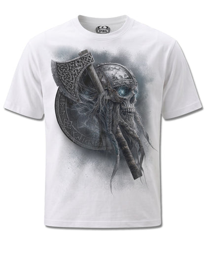 Spiral Viking Rampage design, front view on White M113, Rock Off Retail official merch