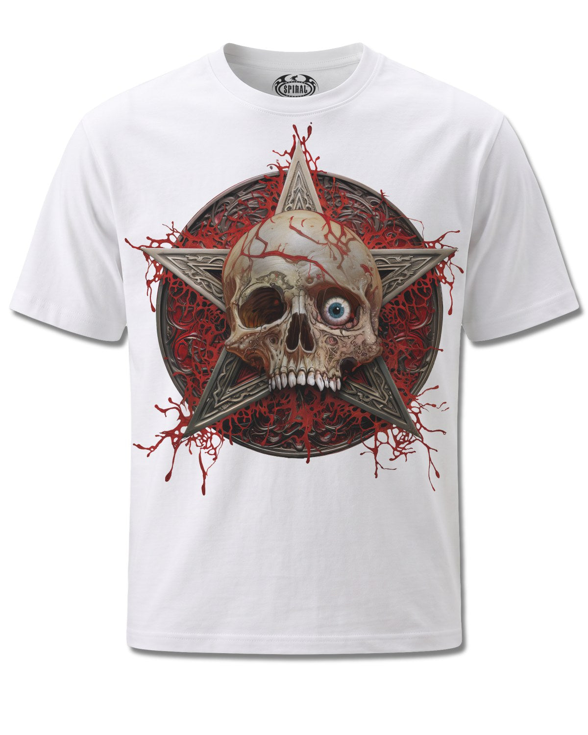 Spiral Creeping Curse design, front view on White M113, Rock Off Retail official merch