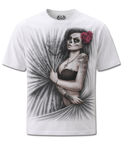 Spiral Dead Love design, front view on White M113, Rock Off Retail official merch