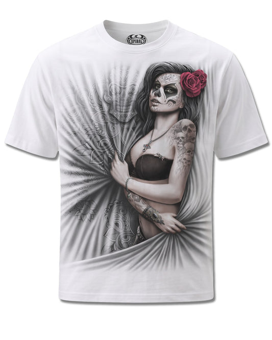 Spiral Dead Love design, front view on White M113, Rock Off Retail official merch
