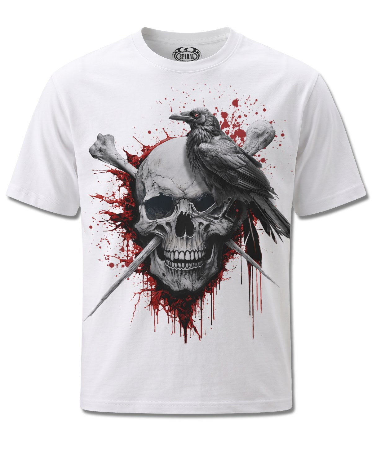 Spiral Death Raven design, front view on White M113, Rock Off Retail official merch