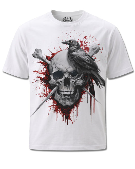 Spiral Death Raven design, front view on White M113, Rock Off Retail official merch