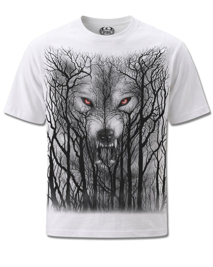 Spiral Forest Wolf design, front view on White M113, Rock Off Retail official merch