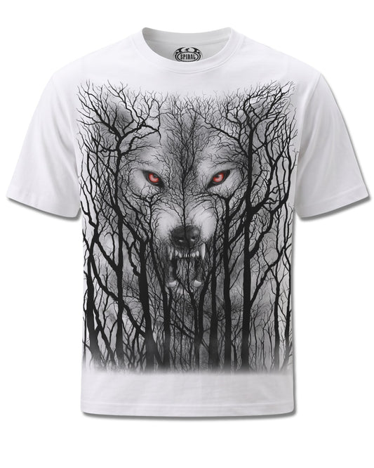 Spiral Forest Wolf design, front view on White M113, Rock Off Retail official merch