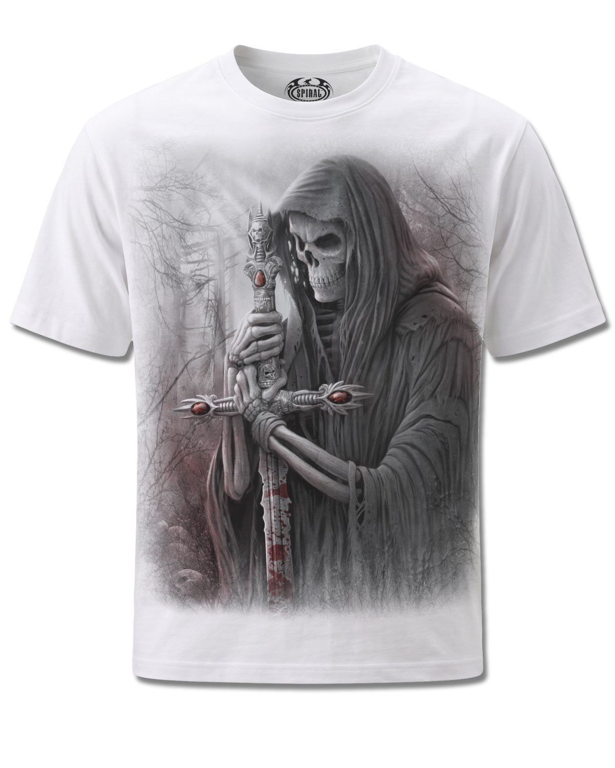 Spiral Soul Searcher design, front view on White M113, Rock Off Retail official merch