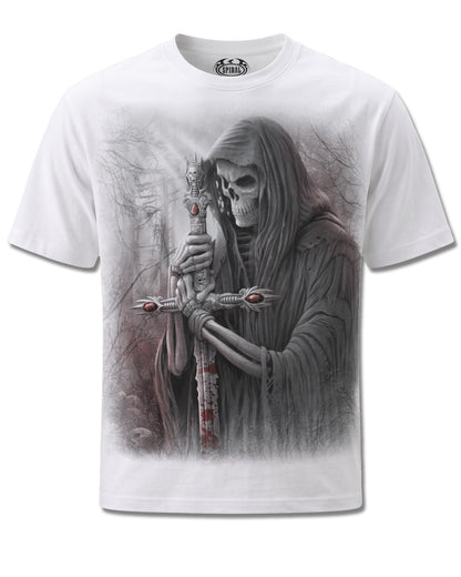 Spiral Soul Searcher design, front view on White M113, Rock Off Retail official merch