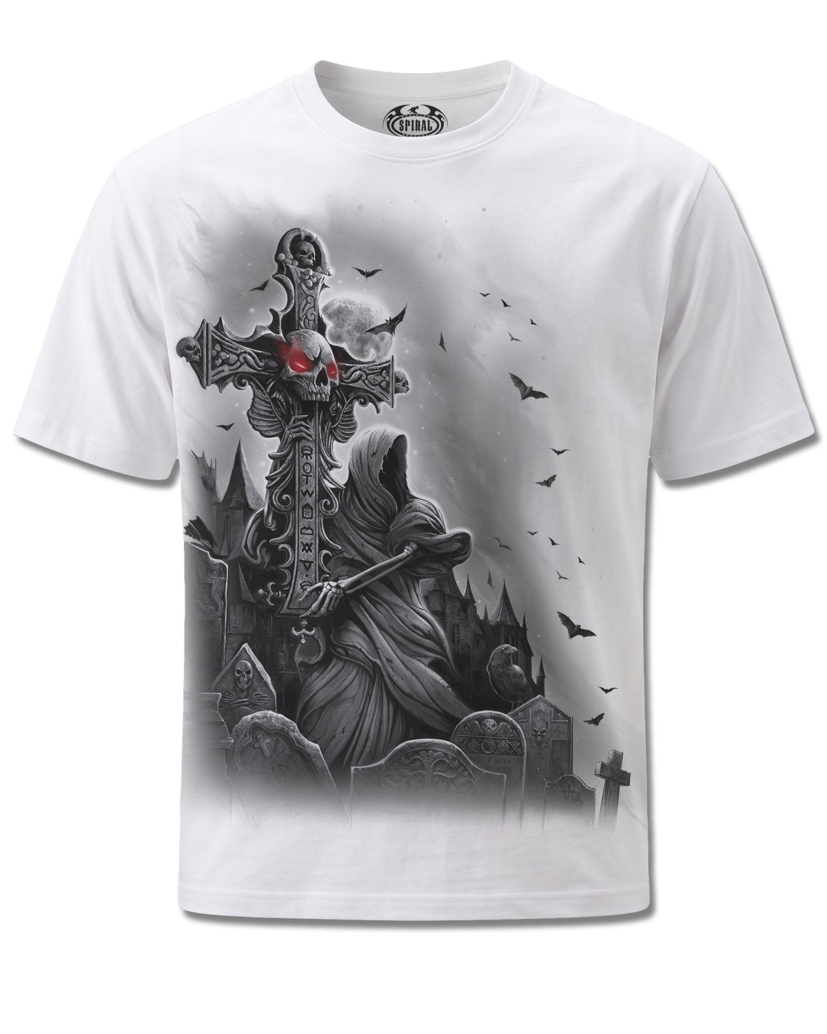 Spiral Grave Walker design, front view on White M113, Rock Off Retail official merch
