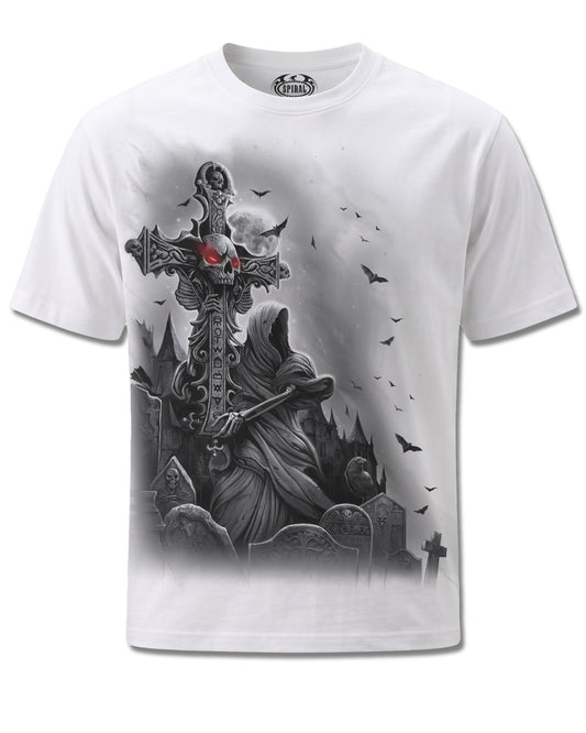 Spiral Grave Walker design, front view on White M113, Rock Off Retail official merch