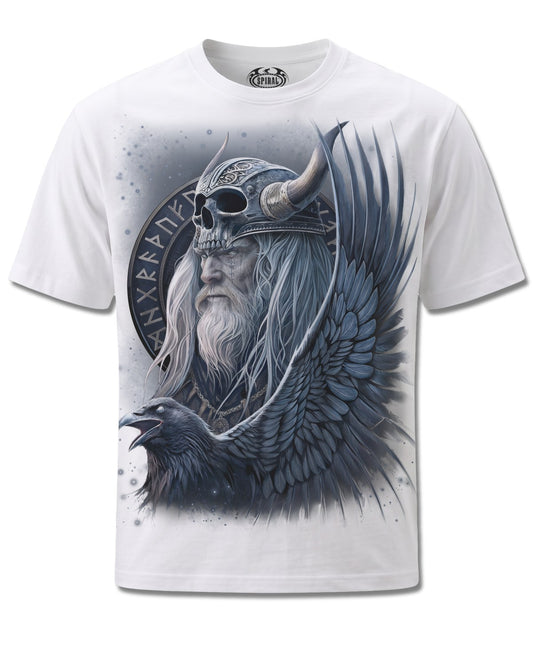 Spiral Odin's Warrior design, front view on White M113, Rock Off Retail official merch