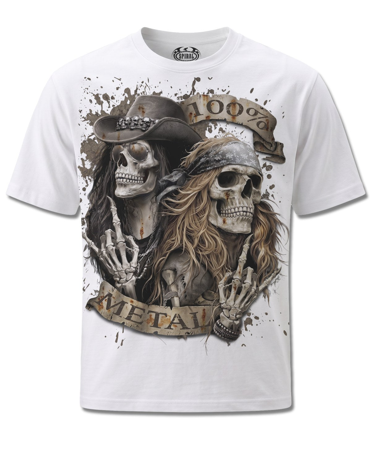 Spiral Pure Metal design, front view on White M113, Rock Off Retail official merch