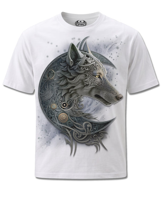 Spiral Celtic Wolf design, front view on White M113, Rock Off Retail official merch