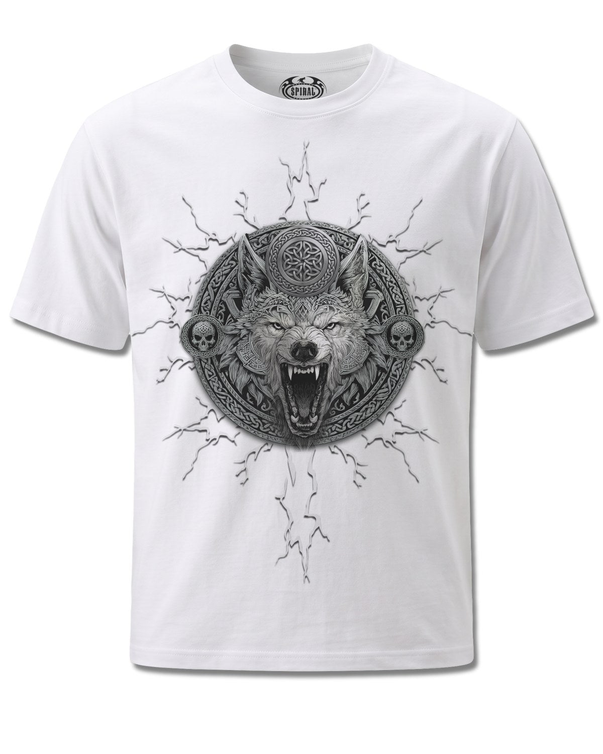Spiral Valhalla design, front view on White M113, Rock Off Retail official merch